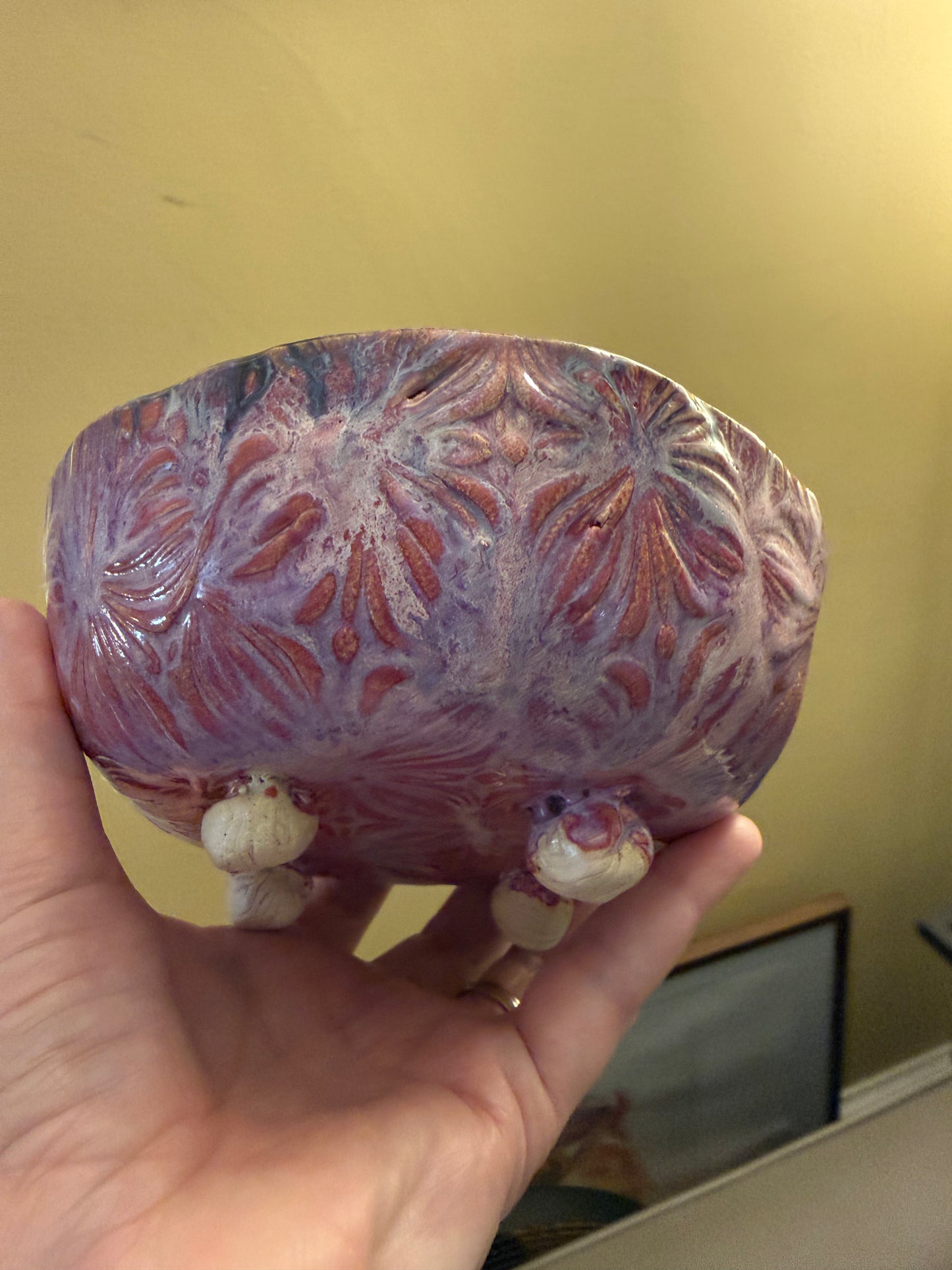 Hand-Built Floral Bowl with Crystalline Glaze and Ball Feet