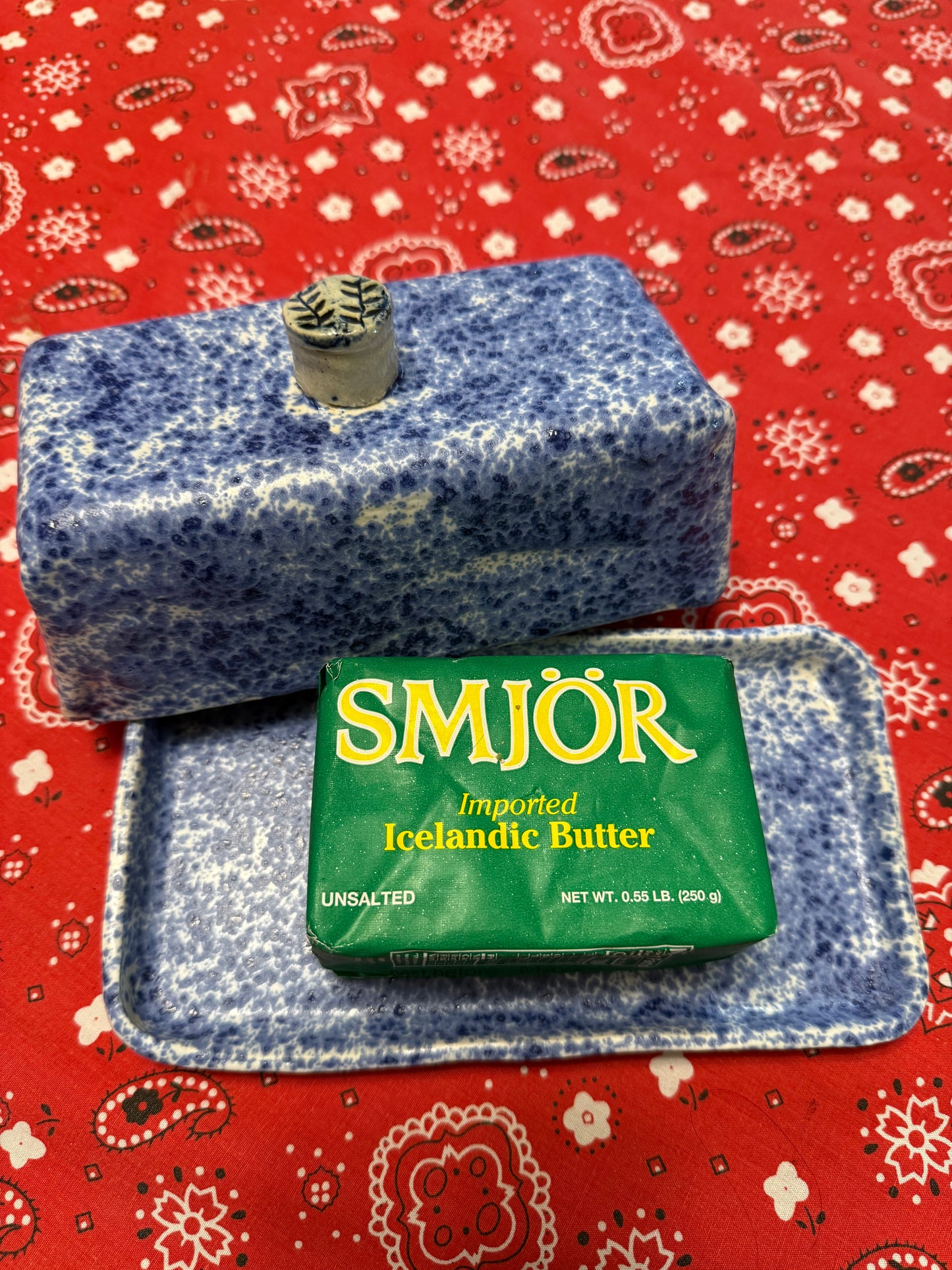 Handmade ceramic butter dish with blue freckles
