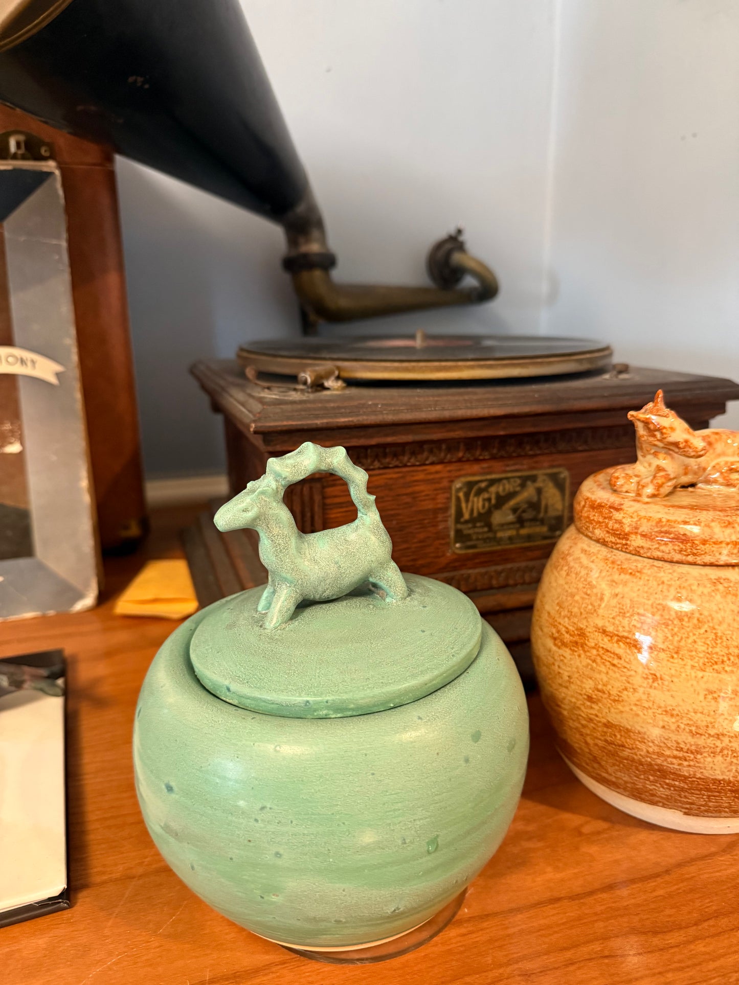 Turquoise Glazed Lidded Jar with Sculptural Antelope Handle