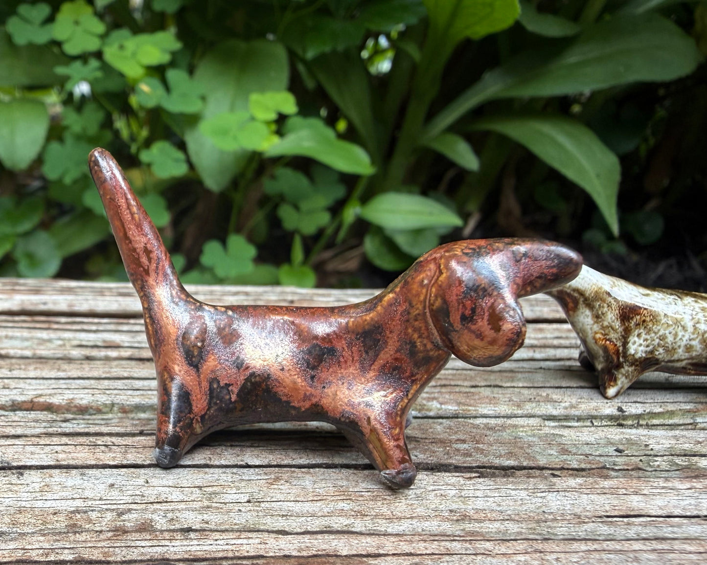 Get Along Little Doggie—tiny handmade ceramic Daschund figurine in copper