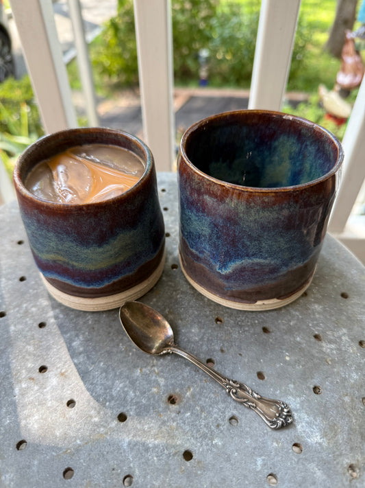 Mama and Baby Bear ceramic cup set showing size difference and blue-green glazes