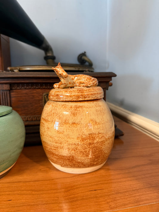Albany Slip Brown Glazed Lidded Jar with Resting Horse Handle