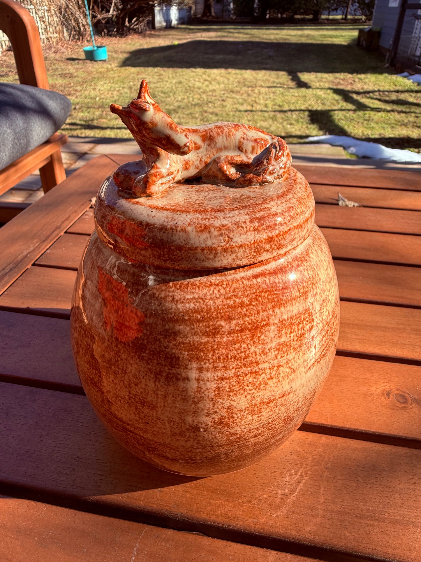 Albany Slip Brown Glazed Lidded Jar with Resting Horse Handle