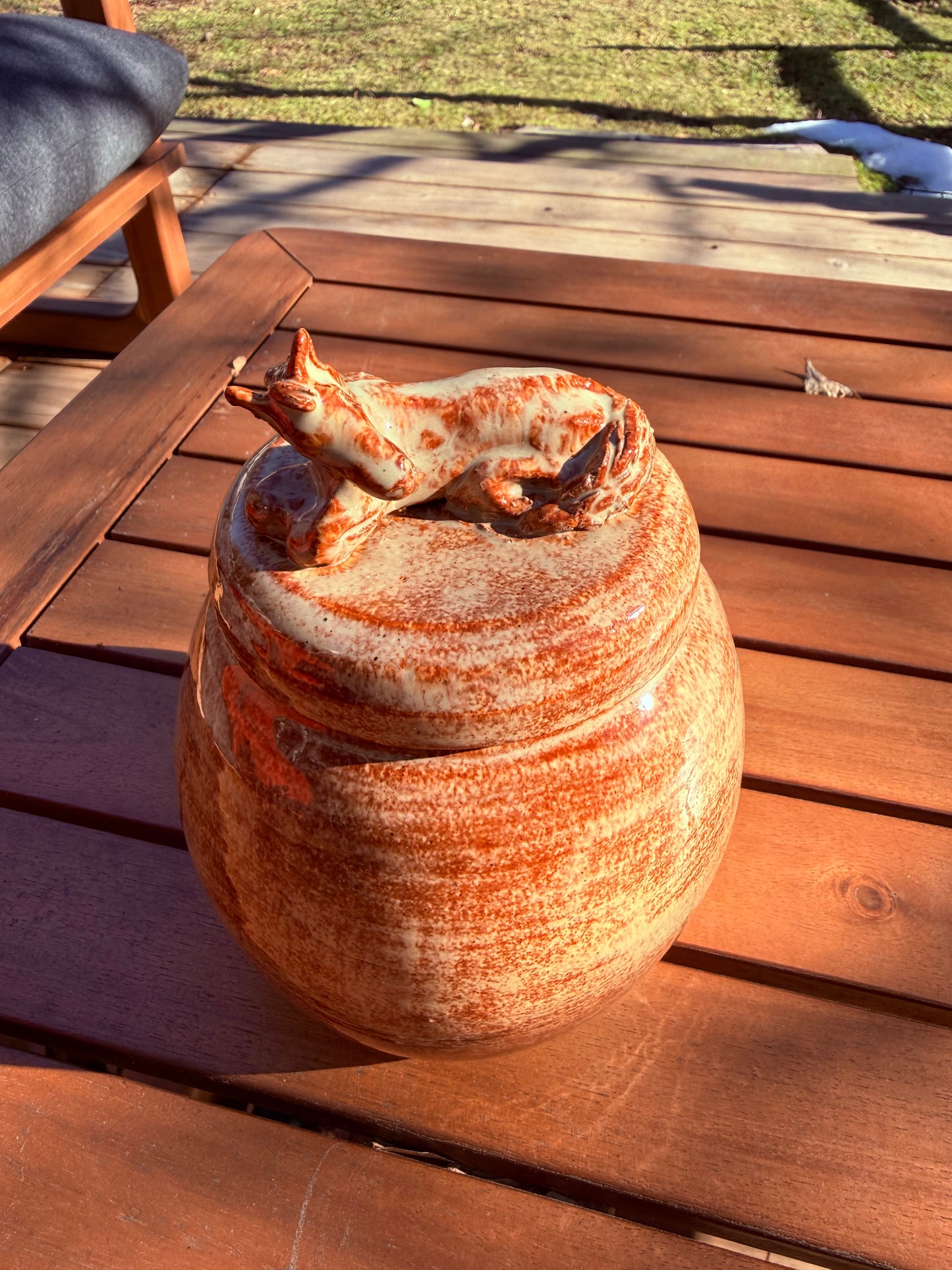 Albany Slip Brown Glazed Lidded Jar with Resting Horse Handle