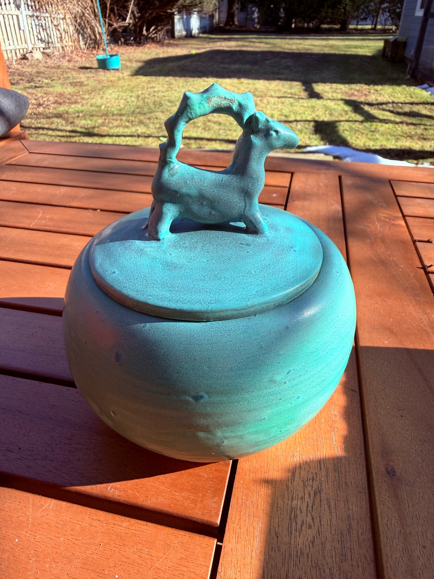 Turquoise Glazed Lidded Jar with Sculptural Antelope Handle