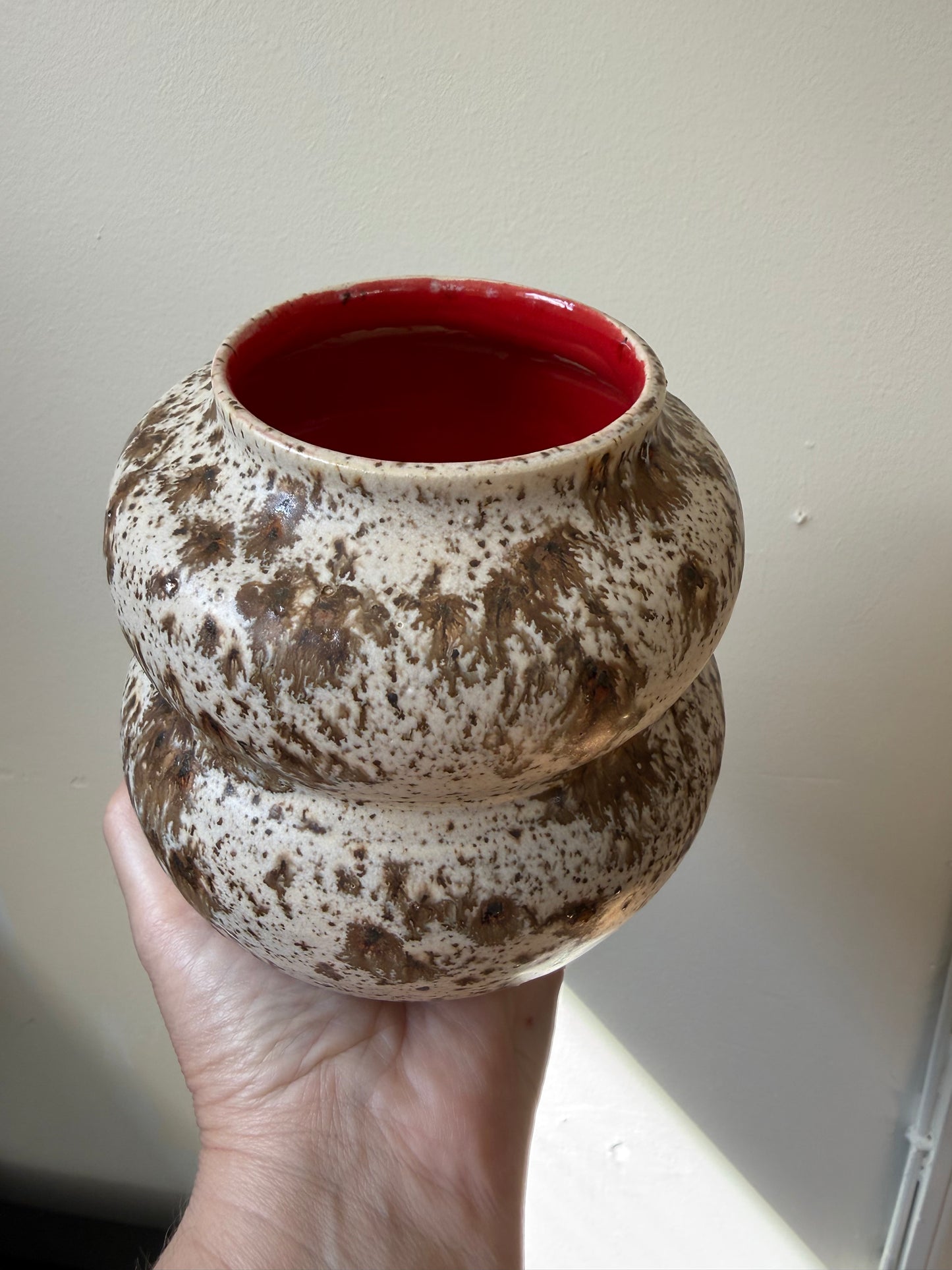 Stone Egg Vase — Hand Thrown Stoneware Vase with Speckled Glaze and red interior