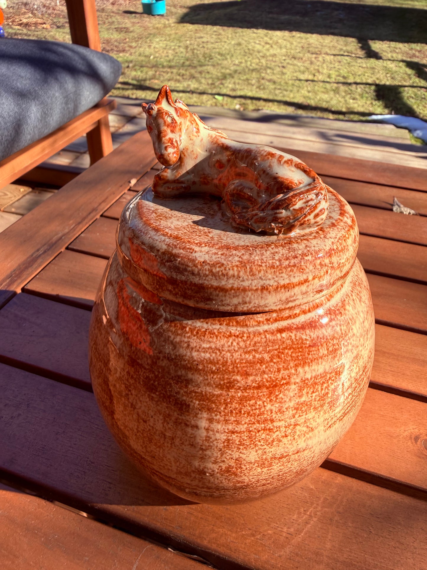 Albany Slip Brown Glazed Lidded Jar with Resting Horse Handle