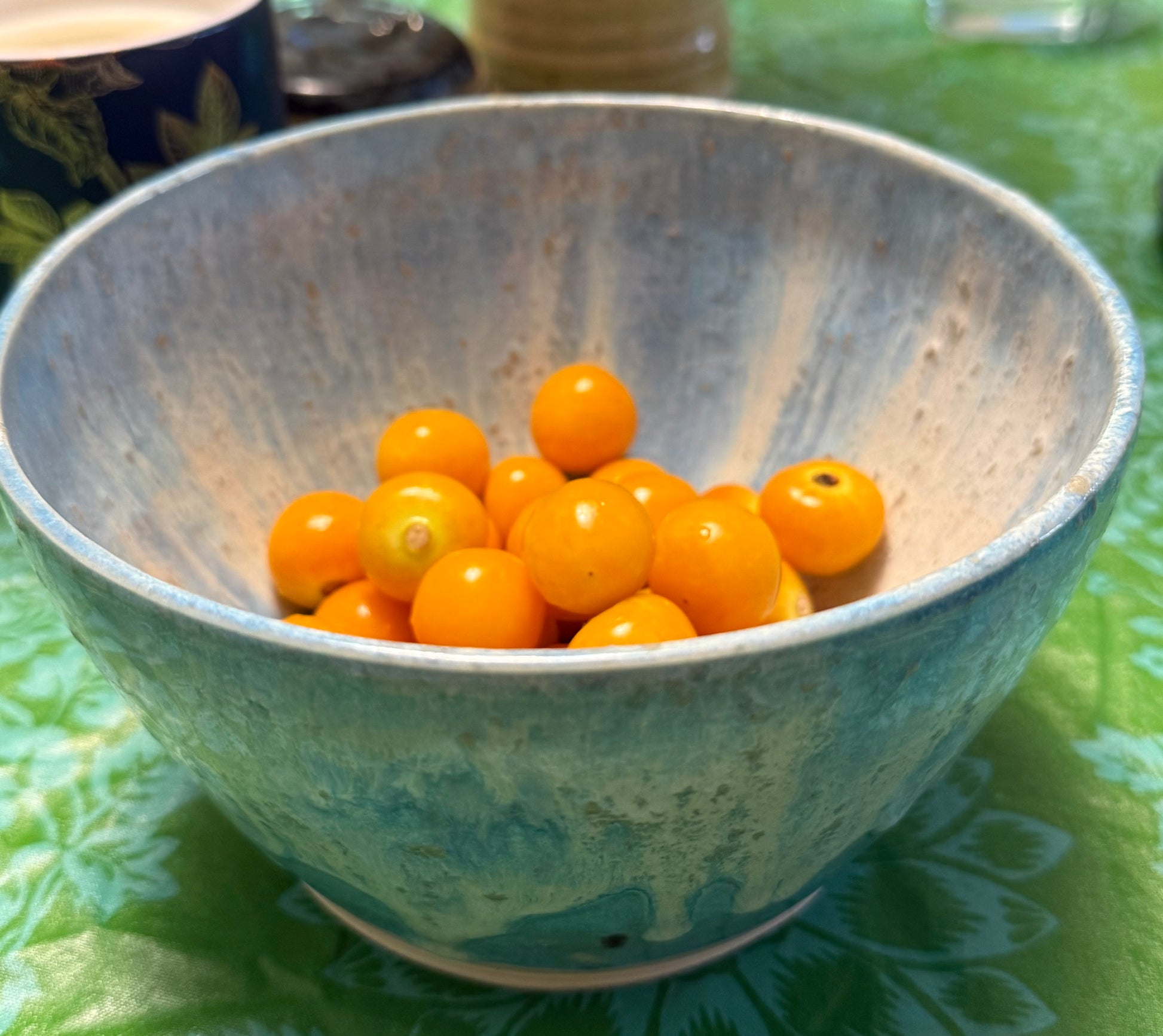 Gooseberry porcelain bowl with speckled glaze and orange gooseberries
