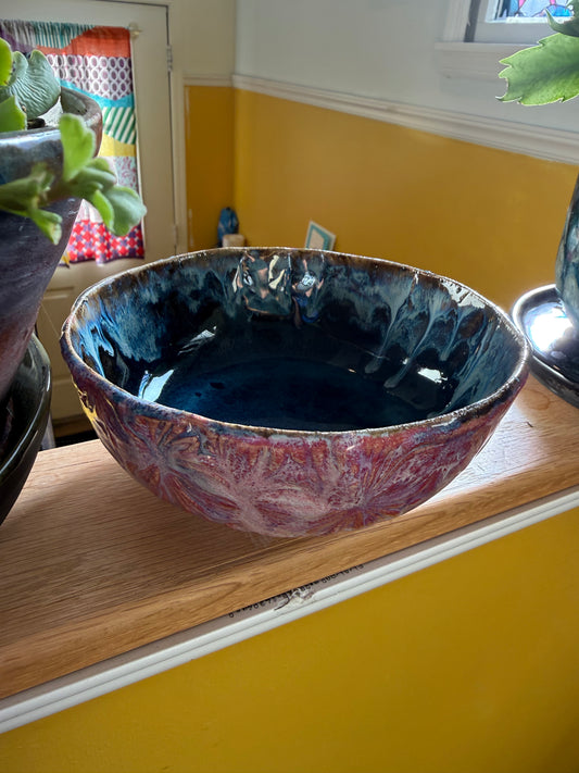 Hand-Built Floral Bowl with Crystalline Glaze and Ball Feet