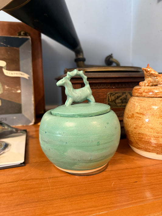 Turquoise Glazed Lidded Jar with Sculptural Antelope Handle