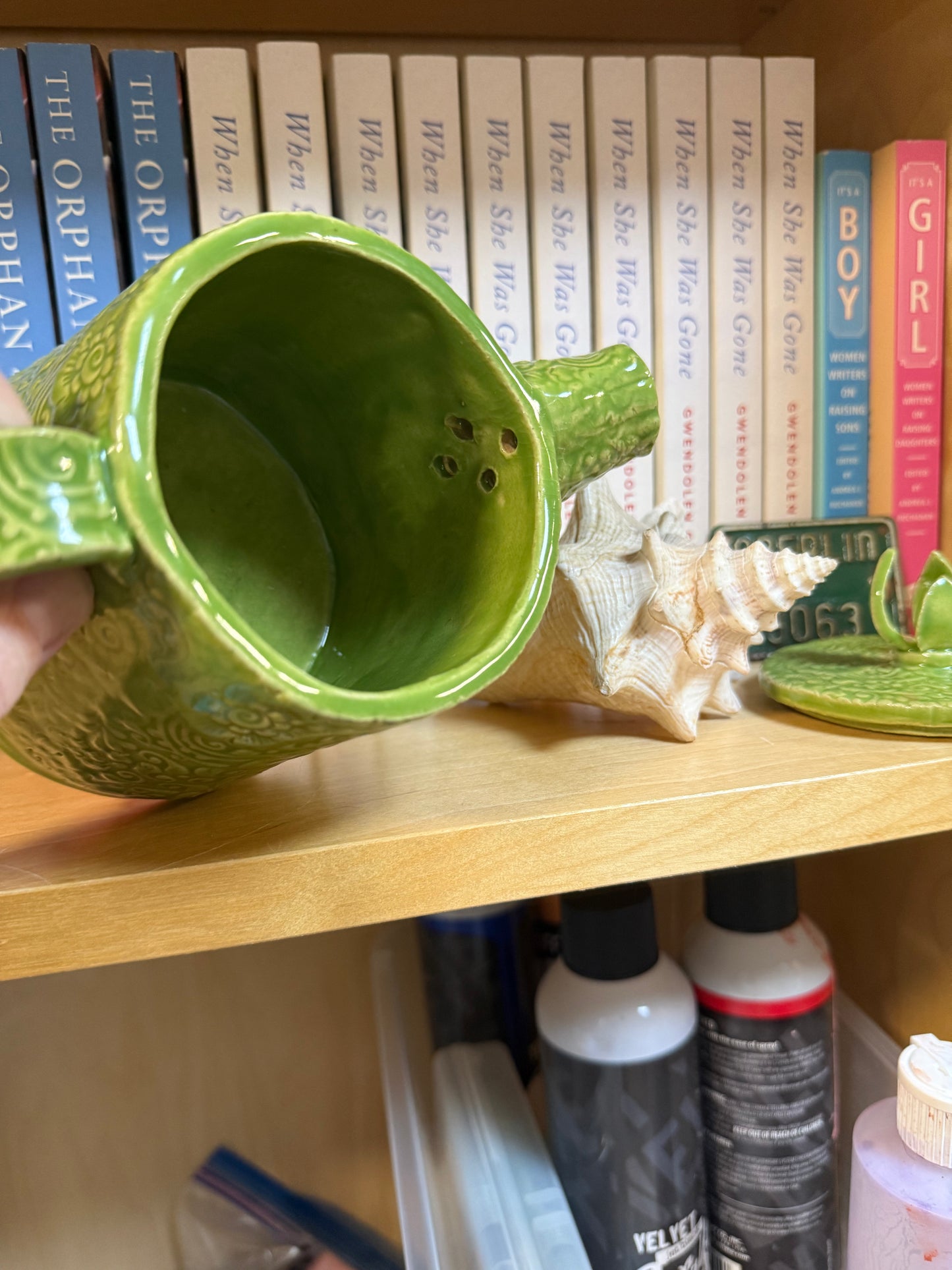 Chartreuse Green Teapot with Ornate Scrollwork Texture and Hand Sculpted Leaf Finial