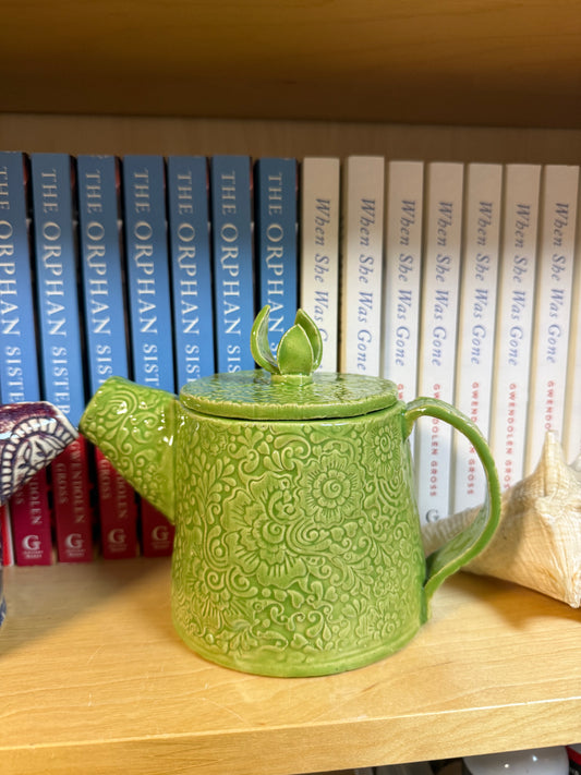 Chartreuse Green Teapot with Ornate Scrollwork Texture and Hand Sculpted Leaf Finial