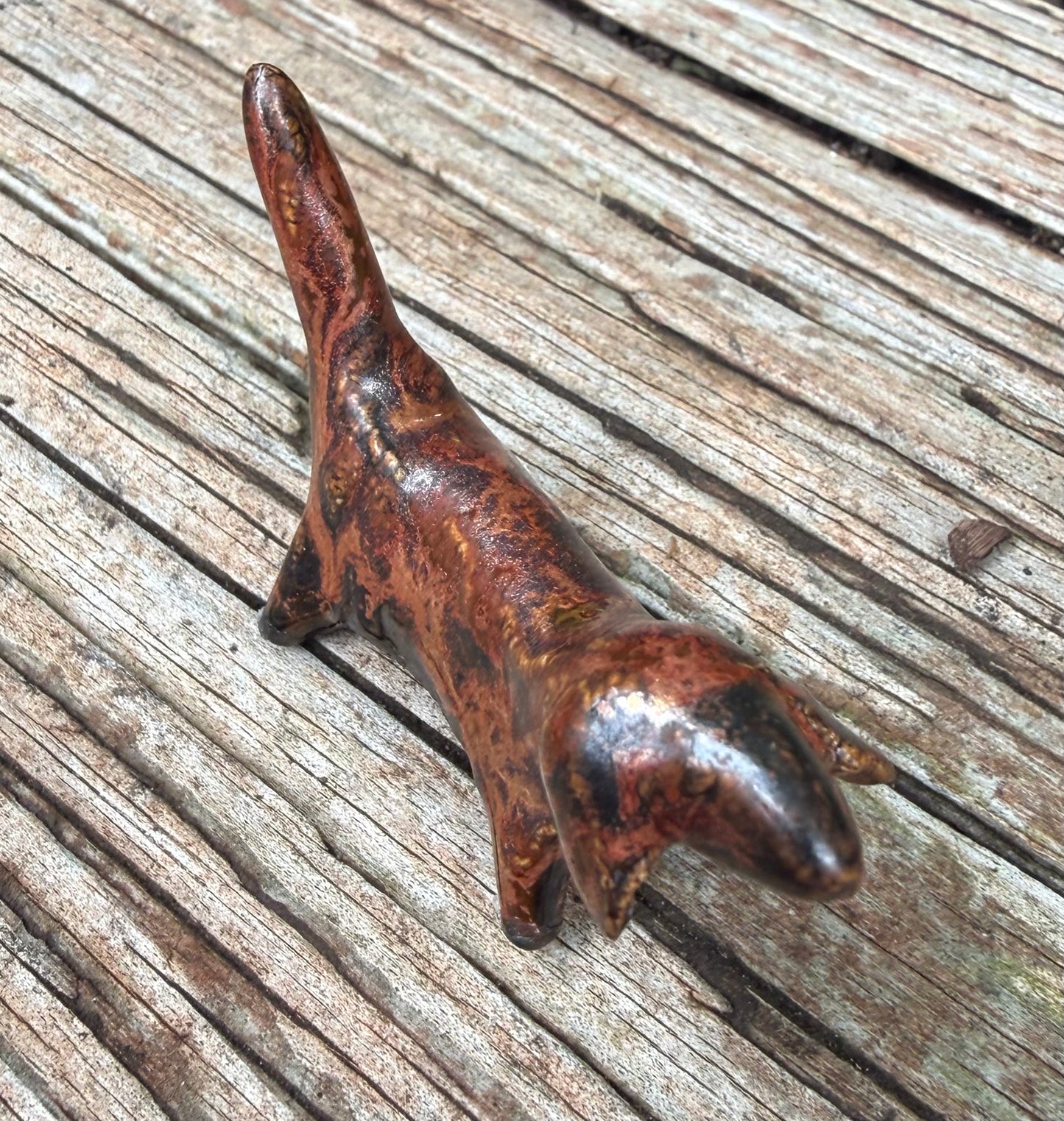 Get Along Little Doggie—tiny handmade ceramic Daschund figurine in copper