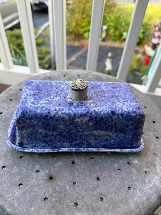 Handmade ceramic butter dish with blue freckles