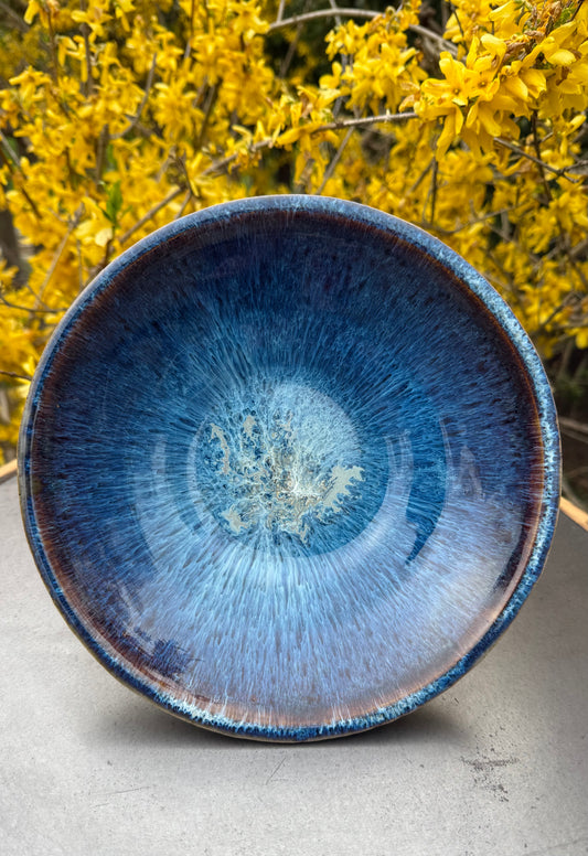 Large Shallow Ceramic Bowl - Blue Glacial Glaze - Handmade Pottery Bowl
