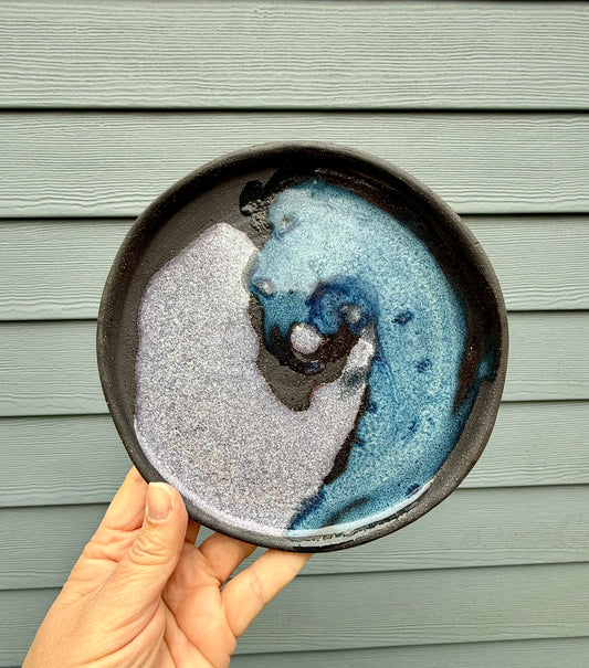 Black Clay Ceramic Plate - Yin Yang Design - Handmade Pottery Dinner Plate