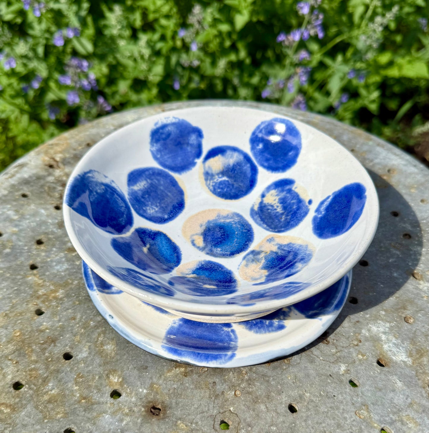 Ceramic Bowl and Plate Set - Polka Dot Dinnerware - Handmade Pottery Set