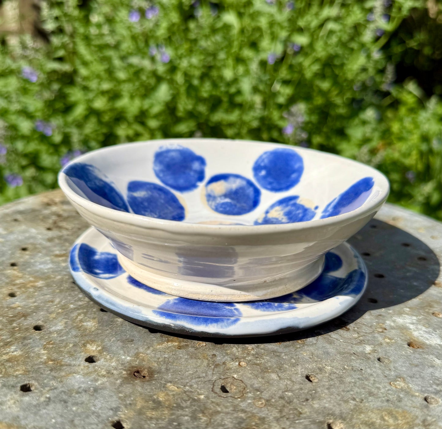 Ceramic Bowl and Plate Set - Polka Dot Dinnerware - Handmade Pottery Set