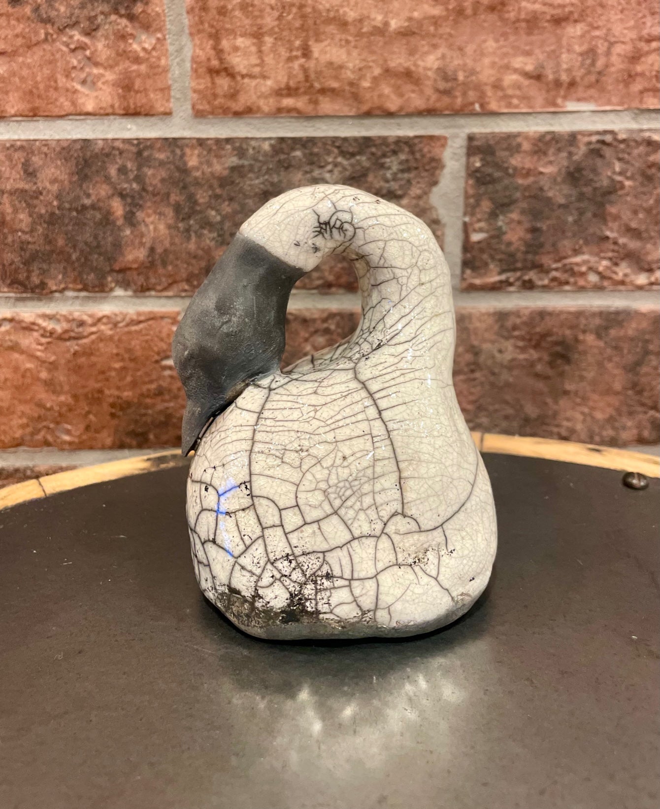 Raku Swan Sculpture - Black and White Ceramic - Handmade Pottery Art